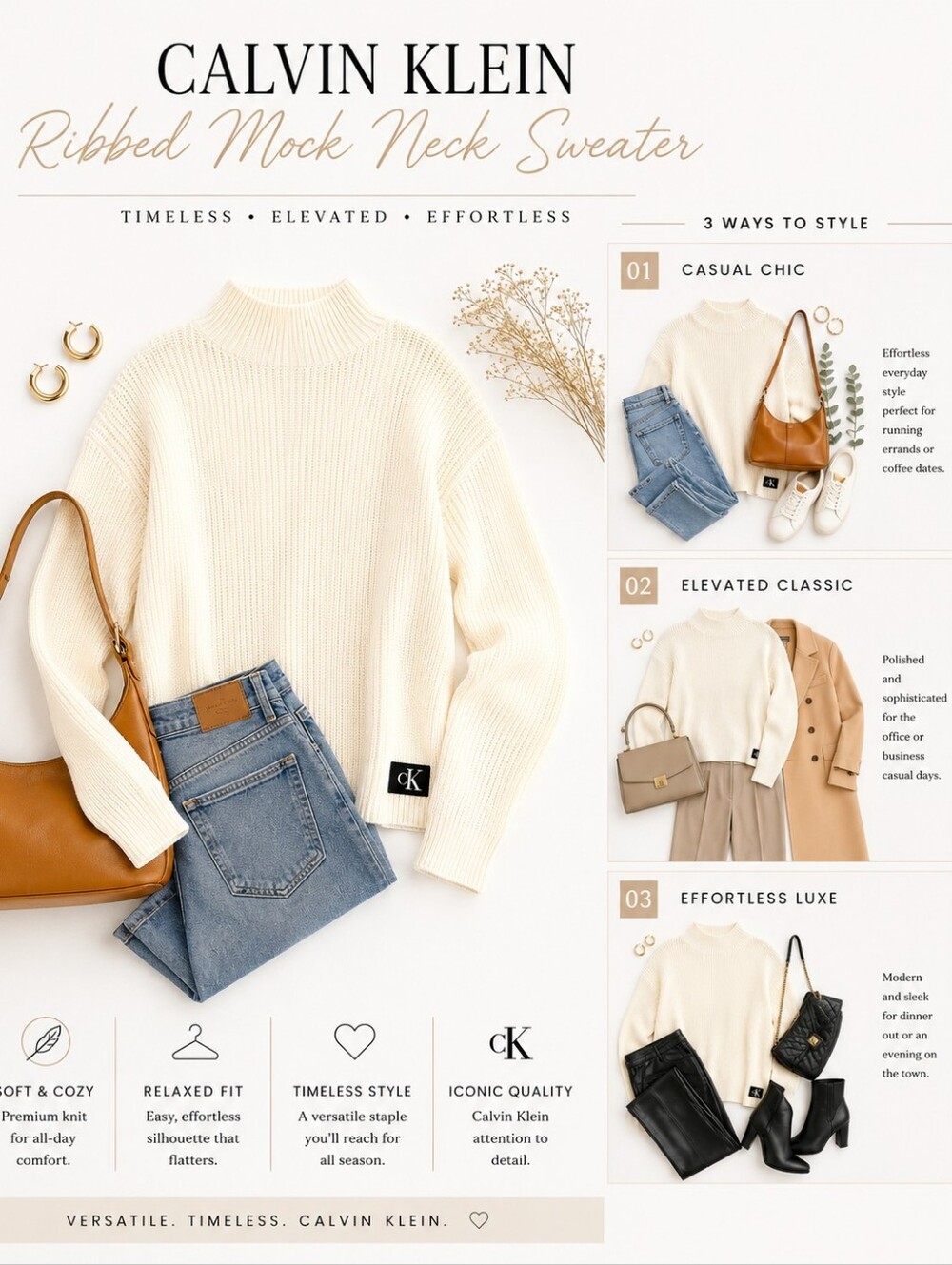 Calvin Klein Rib Knit Mock Neck Sweater | Ivory Cream | Size Large - Picture 3 of 8